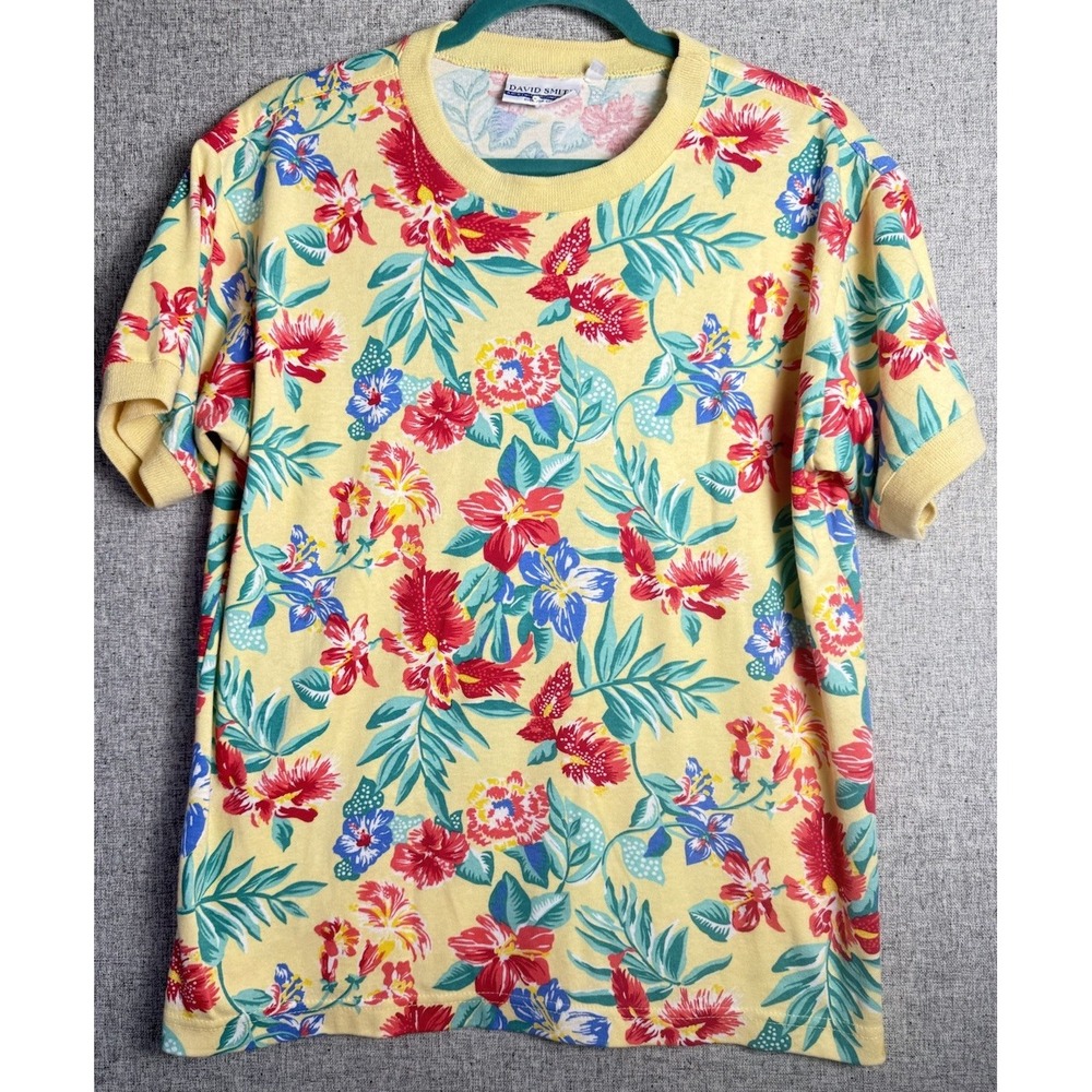 Vintage 90s Yellow Tropical Hawaiian Floral Crew Neck‎ Short Sleeve T Shirt MED